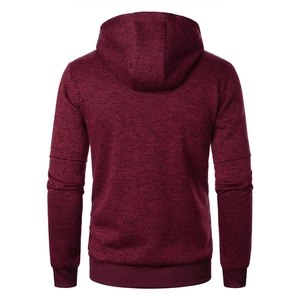 Detailed back view of burgundy hooded sweatshirt featuring jacquard knit texture and ribbed cuffs