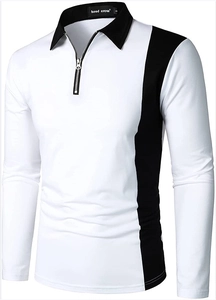 Detail of men's polo shirt featuring zipper collar and black-white contrast stitching