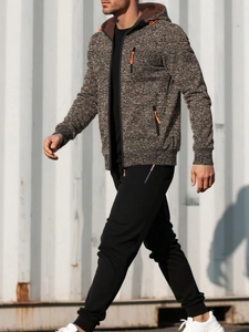 Detail of men's hooded zip-up sports cardigan with textured fabric and orange accents