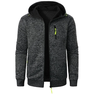 Men's sports zip-up hooded knit jacket with grey jacquard pattern and green accents