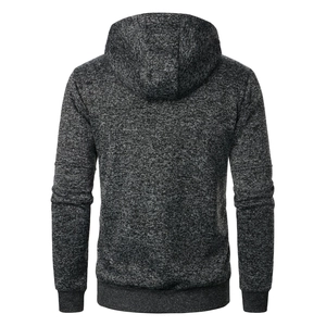 Detail view of the back of a men's hooded knit cardigan with a black-grey marl texture
