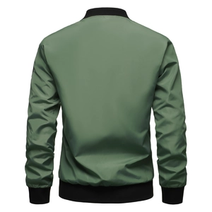 Rear view of army green bomber jacket with black ribbed collar and cuffs in high quality