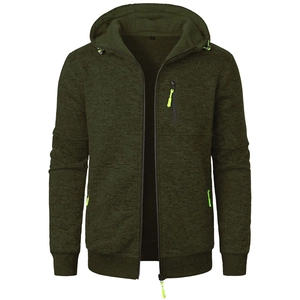 Detail of green marl knitted jacket with neon zipper pulls and chest pocket texture