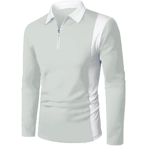 Detail van lichtgrijs herenpoloshirt met witte contrastkraag en korte ritssluiting