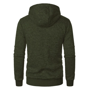 Rear view of Men's olive green heather knit hoodie with ribbed cuffs and hem details