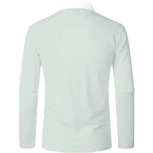Achteraanzicht van mintgroen poloshirt met lange mouwen met witte kraag en details