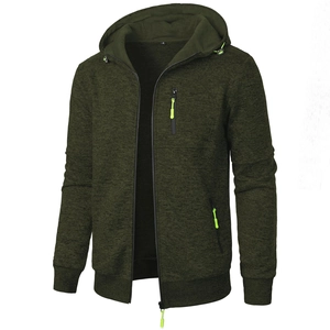 Detail of olive green hooded zip-up sweatshirt showing neon accents and ribbed cuffs