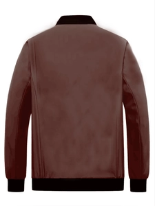 Back view of a casual men's stand collar jacket in brown leather with black ribbed trims