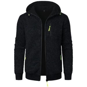 Men's dark gray hooded sports jacket with knit texture and neon green zipper details