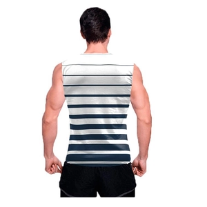 Detailed back view of men's sleeveless sports tank top with blue and white stripes