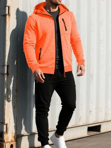 Detail of men's orange hooded jacket and black jogger pants for sports and outdoor training