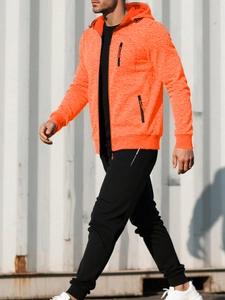 Men's orange hooded zip jacket and black joggers showing side view and textured fabric