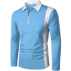Hemelsblauw heren poloshirt met lange mouwen en stijlvolle witte contrastvlakken en rits