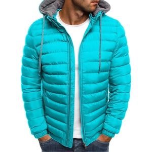 Men's bright cyan quilted hooded jacket with casual waterproof fabric for winter