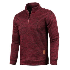 Men's quarter-zip burgundy knit sweater with ribbed cuffs and stand collar