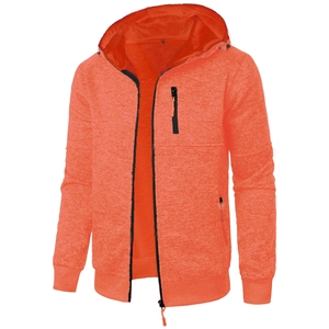 Detailed close-up of vibrant orange men's hooded jacket with a vertical chest zip pocket