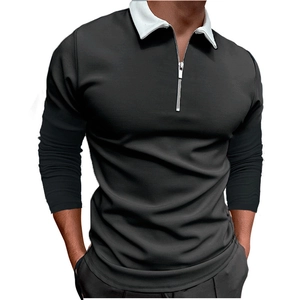 Polo da uomo a maniche lunghe nera slim fit con colletto bianco e zip a contrasto