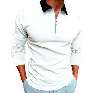 Polo da uomo a manica lunga slim fit bianca con colletto nero e chiusura a zip corta