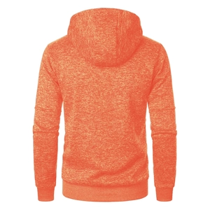 Rear view of orange heathered textured zip-up hoodie showing high-quality knitted fabric