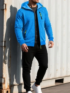 Close-up of bright blue textured zip-up hoodie and slim fit black joggers set