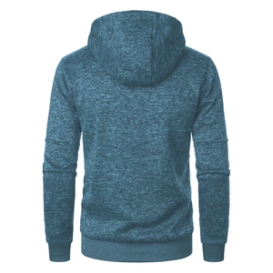 Rear view of blue marl knitted hoodie featuring ribbed cuffs and a high-quality blend fabric