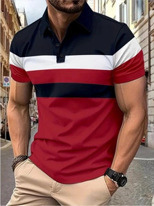 Detail of color-block polo shirt with navy, white and red horizontal stripes on chest