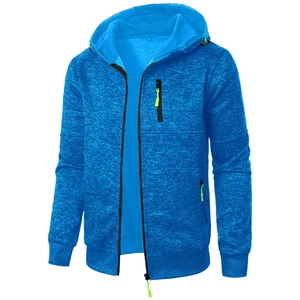 Detail of blue textured sports hoodie with vibrant lime green zipper puller accents