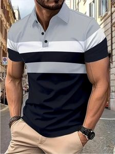 Men's polo shirt featuring a three-color block design in grey, white, and navy blue