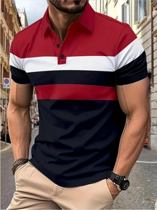 Detail of slim-fit color block men polo shirt with three-button placket and red collar