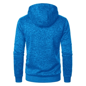Rear view of blue heathered hooded cardigan featuring ribbed cuffs and a sports texture