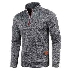 Men's quarter-zip knit sweater in grey heather with contrast zipper and leather patch detail