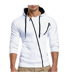 Detail of men's white hoodie showing asymmetric diagonal zipper and decorative chest pocket