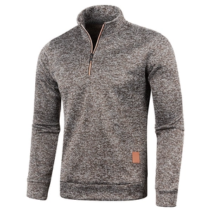 Men's heather knit 1/4 zip sweater with ribbed cuffs and stand collar in brown grey