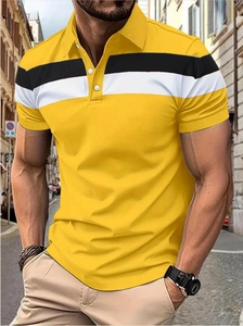 Close-up of bright yellow polo shirt featuring black and white chest stripes and lapel