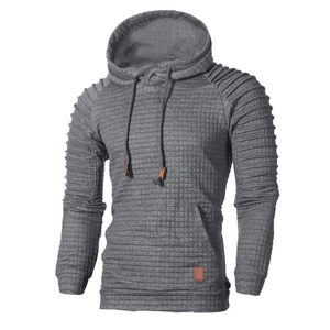 Men's dark grey hooded sweatshirt with waffle knit texture and pleated shoulder detail