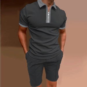 Men's dark grey polo shirt and shorts set with zipper collar and light grey trim