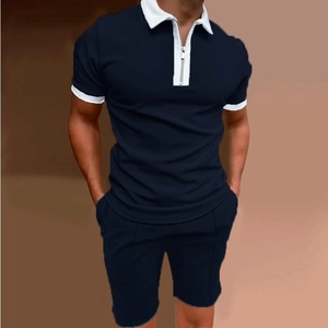 Men's two-piece navy blue casual polo shirt set with half-zipper and matching shorts