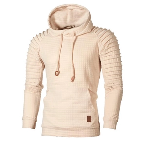 Men's cream waffle knit hoodie with ribbed sleeve panels and leather patch detail