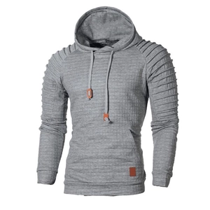 Men's grey hooded sweatshirt with quilted texture and ribbed shoulders in a flat lay view