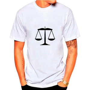 Men's casual white cotton t-shirt featuring a bold black justice scale graphic print