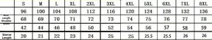 Detailed size chart for men polo shirt with measurements from S up to 8XL plus size