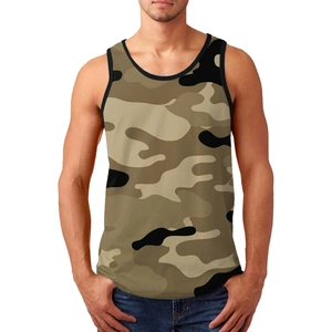 Sleeveless men's casual 3D camo tank top with desert camouflage pattern and black piping