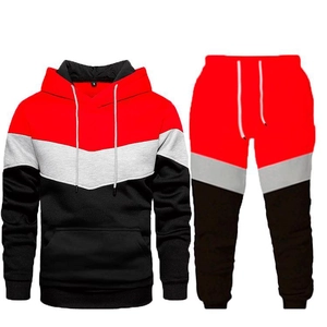 Blue and red patchwork hooded tracksuit with loose fit side pockets for streetwear fashion