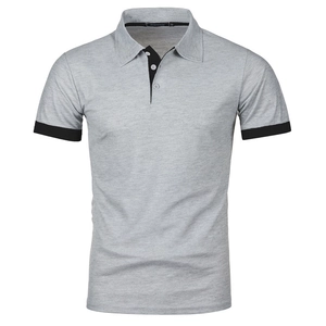 Close-up of stylish grey men polo shirt with black contrast collar and button details