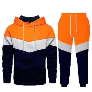 Blue street casual hoodie set with V-shaped orange and gray color-blocking design
