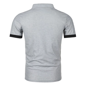 Rear view of light grey men's polo shirt with contrasting black ribbed cuffs