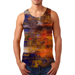 Sleeveless men's tank top with artistic 3D oil painting print in vibrant orange and purple