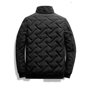 Men's black quilted jacket with stand collar and diagonal stitching on white background