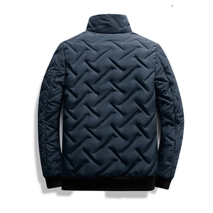 Rear view of navy blue men jacket with zigzag quilted patterns and ribbed cuffs