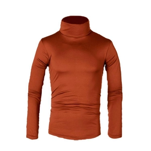 Detailed view of burnt orange slim fit turtleneck knit sweater with high-elastic fabric
